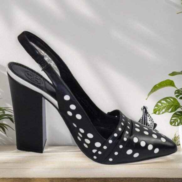 Tory Burch Kay Black Ivory Polka Dot Leather Sling Back Heels, Size 6.5 - Picture 10 of 10